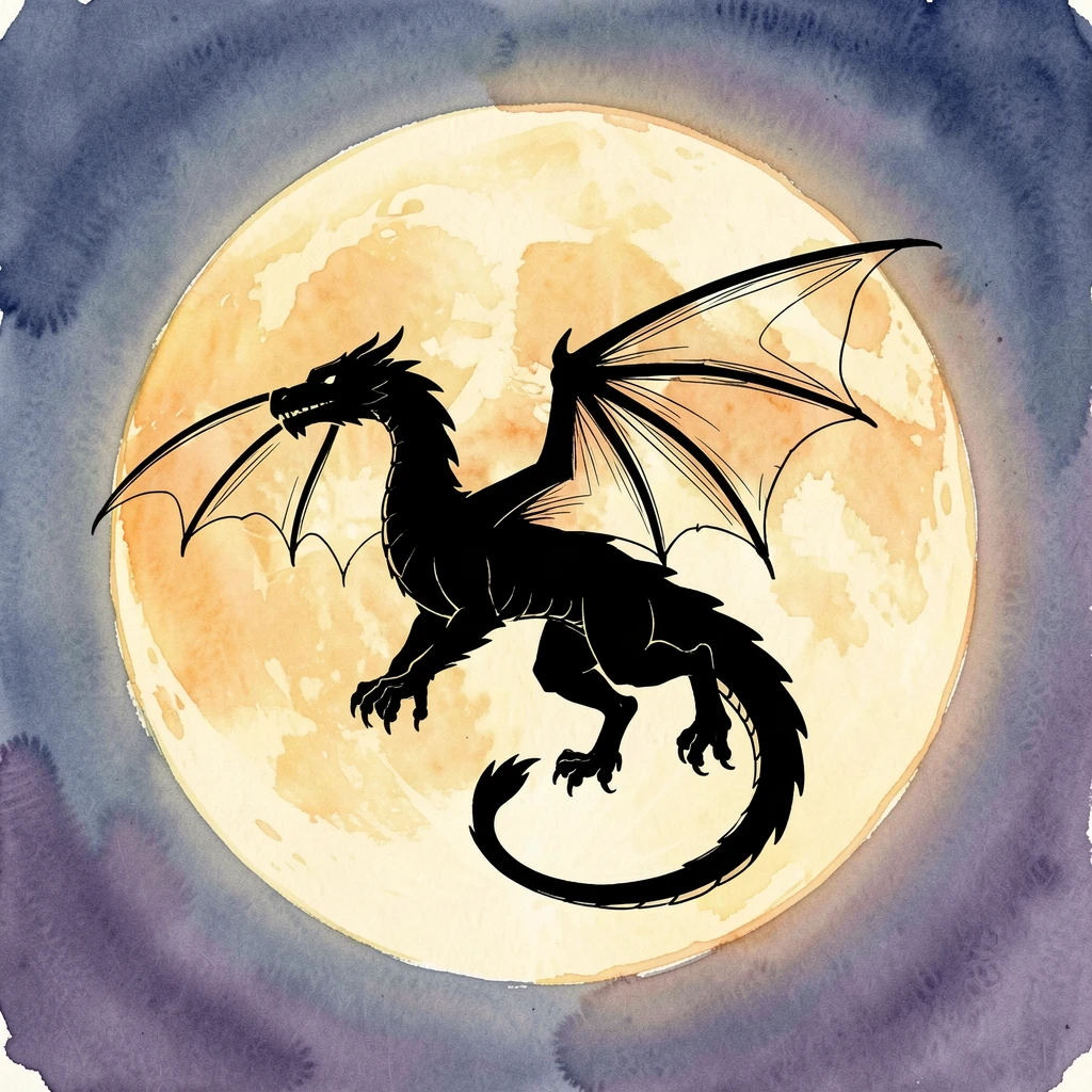 A dragon's silhouette crossing in front of a massive harvest moon, an air of wonder and quiet mystery throughout.