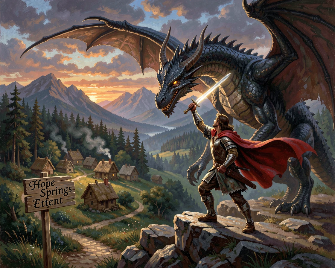 A hero confronts a great beast to protect a helpless village.