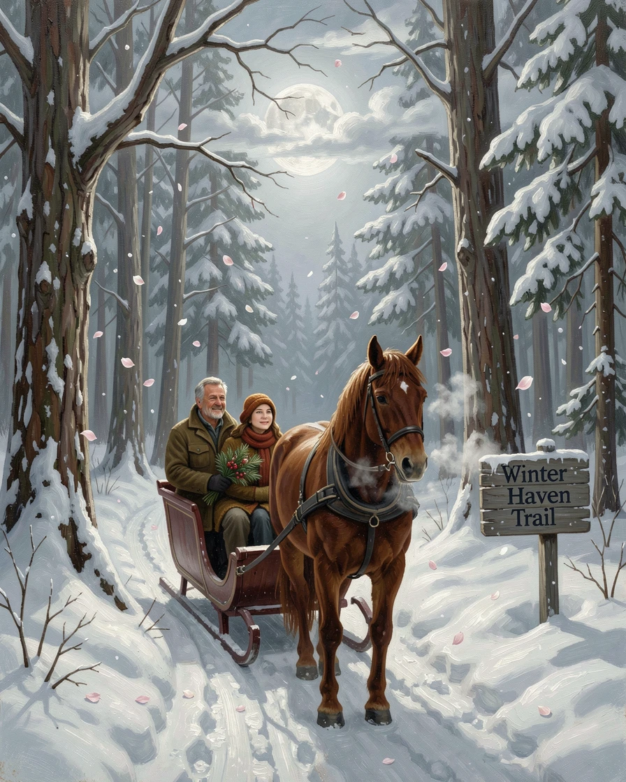 A snowy sleigh ride through a moonlit winter forest, as soft snow or flower petals drift gently through the air, capturing the warmth, joy, and magic of the season