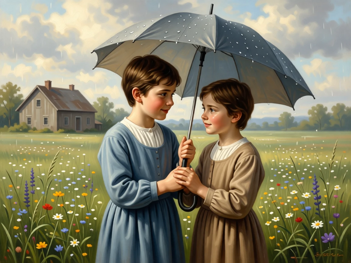 Two young siblings sharing an umbrella in a sudden spring shower in a scene glowing with warmth and quiet devotion, set within a sunlit meadow just beyond a quiet farmhouse, with small, telling gestures like a held hand or a shared glance; the arrangement of figures suggests closeness without crowding, filled with gentle joy and quiet devotion.