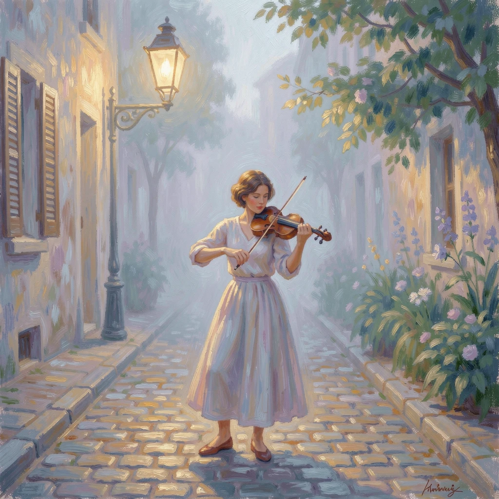 A violinist playing beneath a streetlamp on a cobblestone alley, notes seeming to drift into the evening mist, during the height of summer, evoking a sense of peace and quiet wonder.