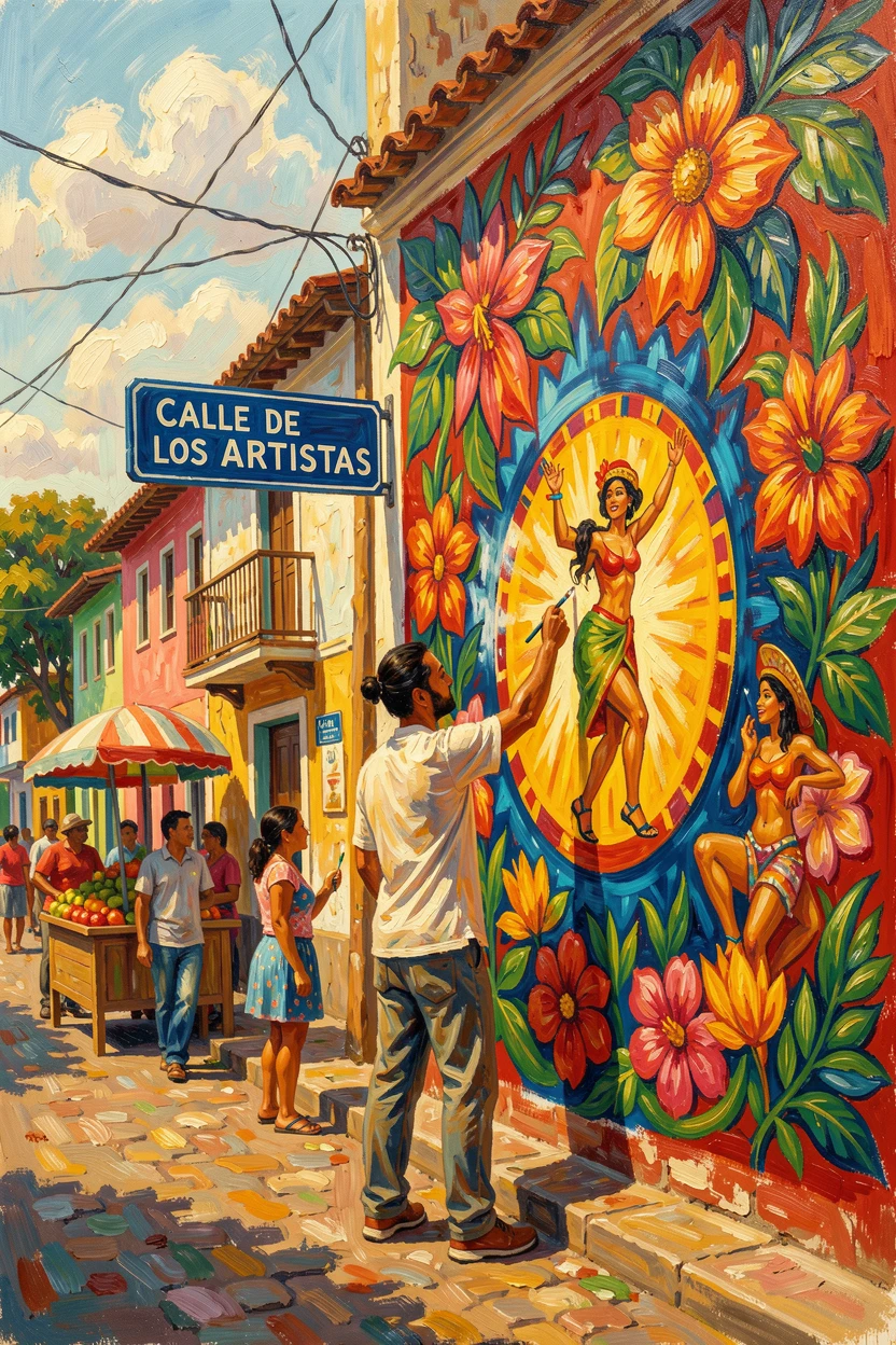A colorful street mural being painted in a vibrant Latin American neighborhood.
