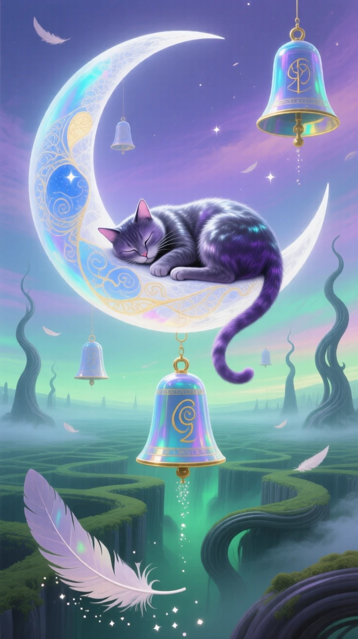 A cat curled asleep on a floating crescent moon moves gracefully through a hushed, dreamlike landscape, while distant chimes seem to echo with each small movement.