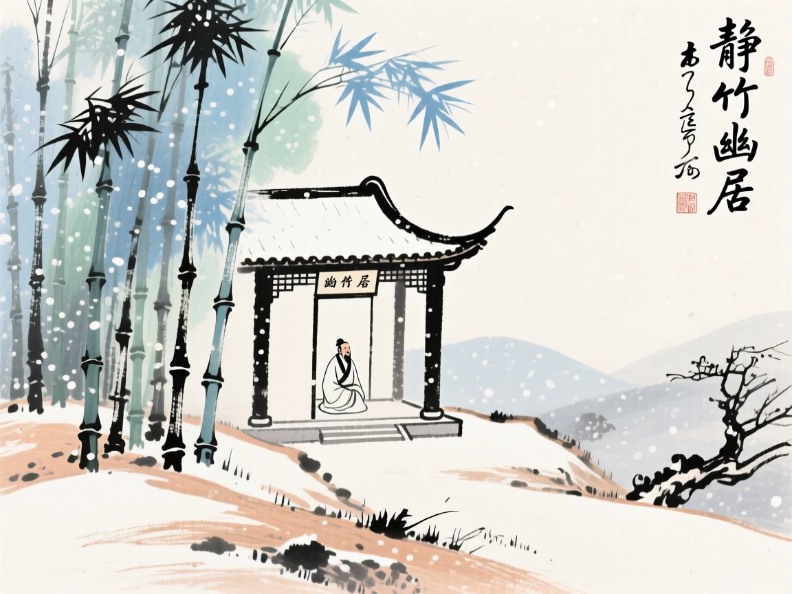 A scholar's studio nestled among bamboo on a quiet hillside, beneath softly falling snow.
