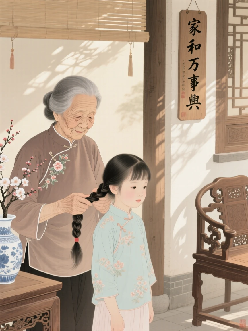 A grandmother braiding her granddaughter's hair on a sunlit porch