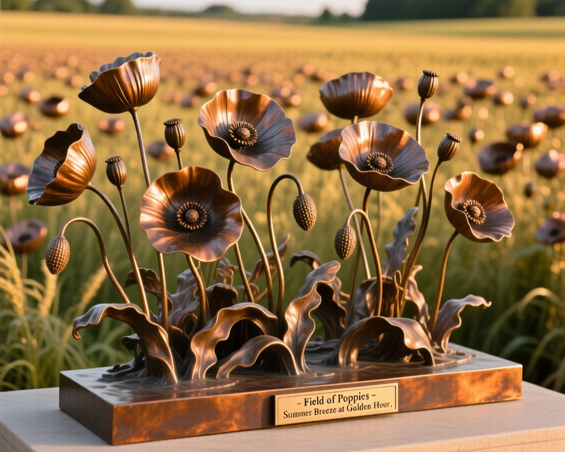 A vast field of poppies swaying beneath a summer breeze, bathed in the warm hues of golden hour, offering a breathtaking sense of place