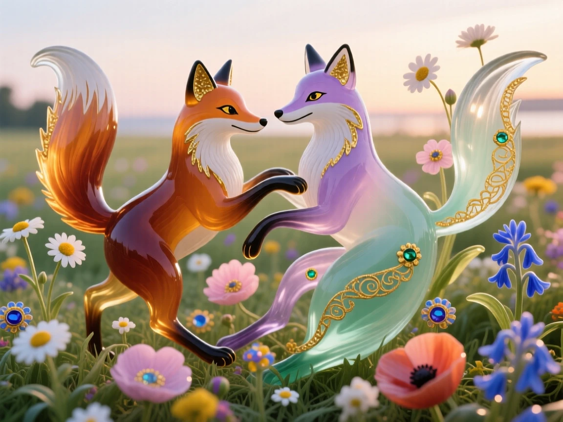 A pair of foxes playing together in a field of blooming wildflowers at dawn, playful and joyful.