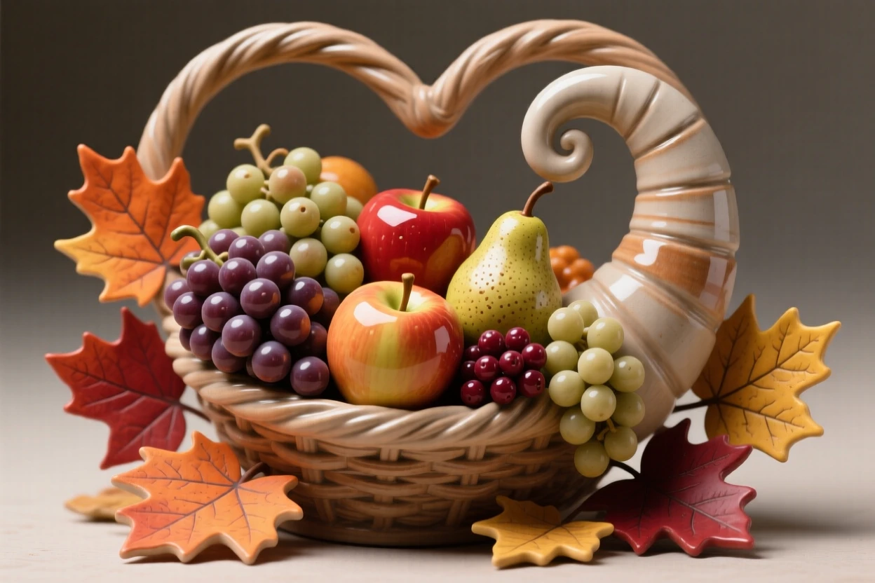 A harvest cornucopia spilling over with fruit displayed as a heartwarming holiday accent, framed by autumn leaves in warm hues, radiating cheerful holiday spirit.
