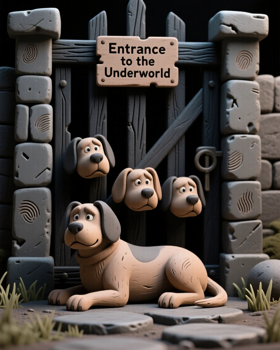 Hades' three-headed hound resting at a shadowy gate