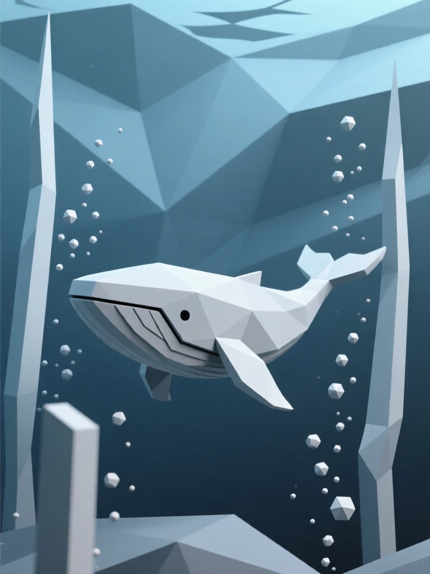 A whale swimming through shafts of underwater light, beneath deep blue underwater currents. fine particle detail adds texture to the vast space. The atmosphere feels serene yet infinite.