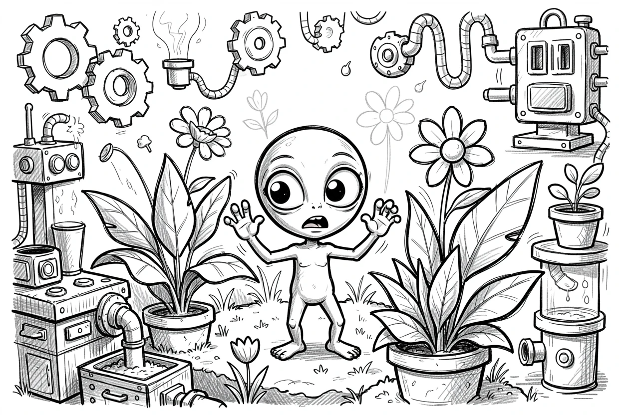 A small alien exploring a garden for the first time in a colorful workshop full of gadgets.