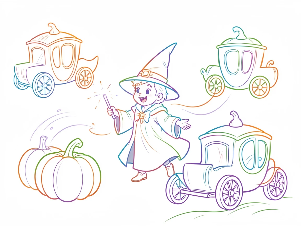 A tiny wizard character casting a spell that turns pumpkins into carriages.