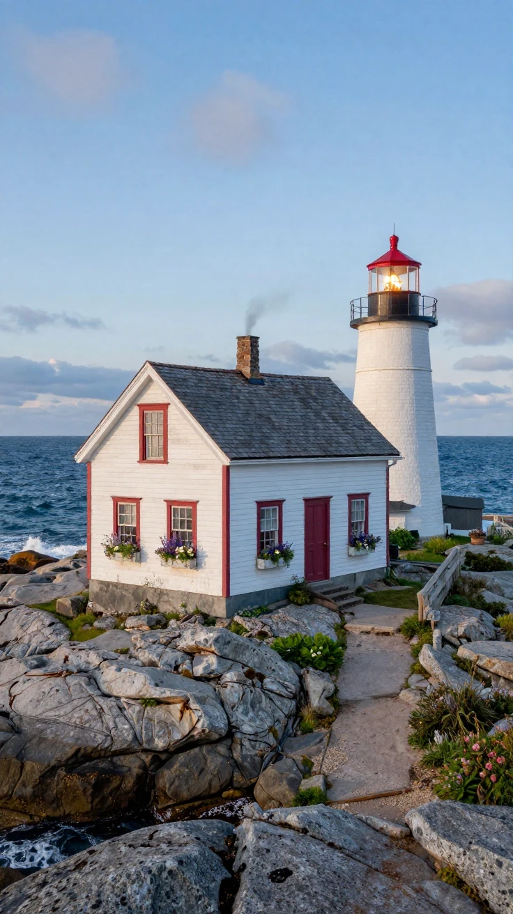 A lighthouse keeper's cottage on a rocky New England coast