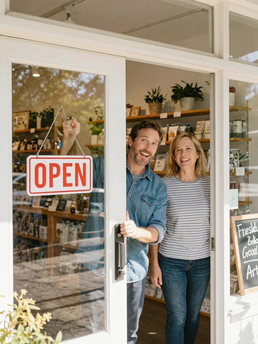 Two lifelong friends open a small shop together, hanging the 'open' sign for the first time.
