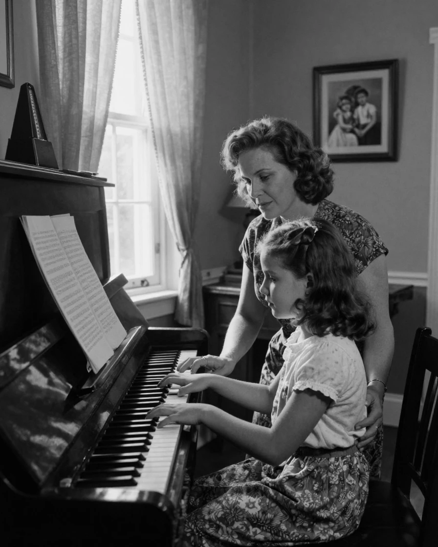 A young girl practices piano under her mother's watch beside an open window.