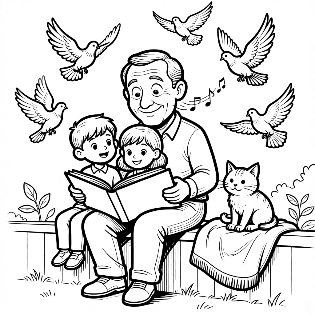 A grandfather showing photo albums to wide-eyed grandkids, humming softly while the cat kneads a blanket, set over a low garden fence. Pigeons flutter in a happy, chaotic circle. It captures the quiet joy of passing traditions down.