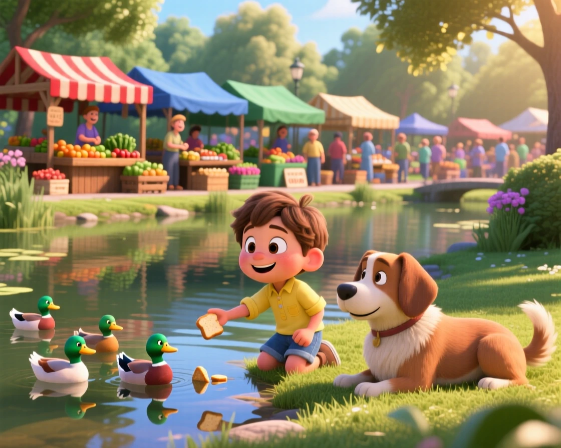 A child feeding ducks at a park pond is captured at a sunny farmers market bustling with vendors, with a friendly dog resting nearby. The mood is calm, familiar, and quietly delightful.