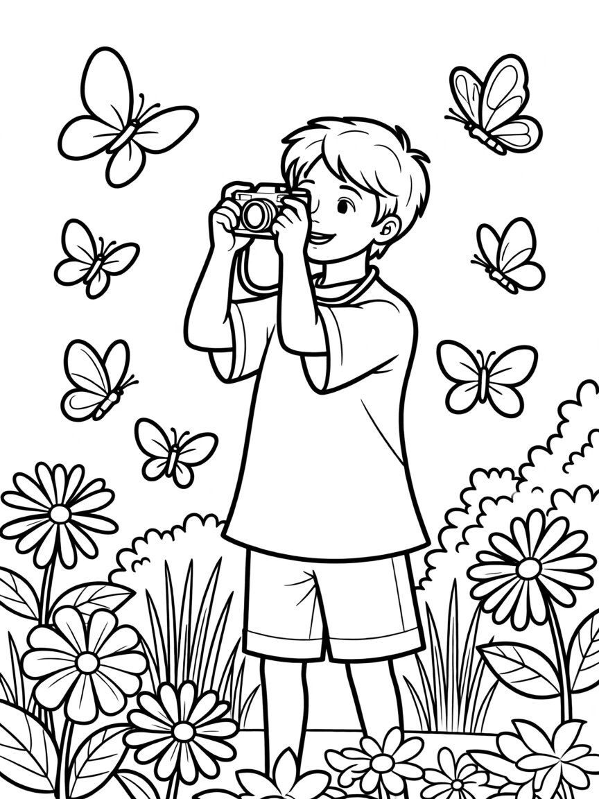 A young photographer taking pictures of butterflies in a garden