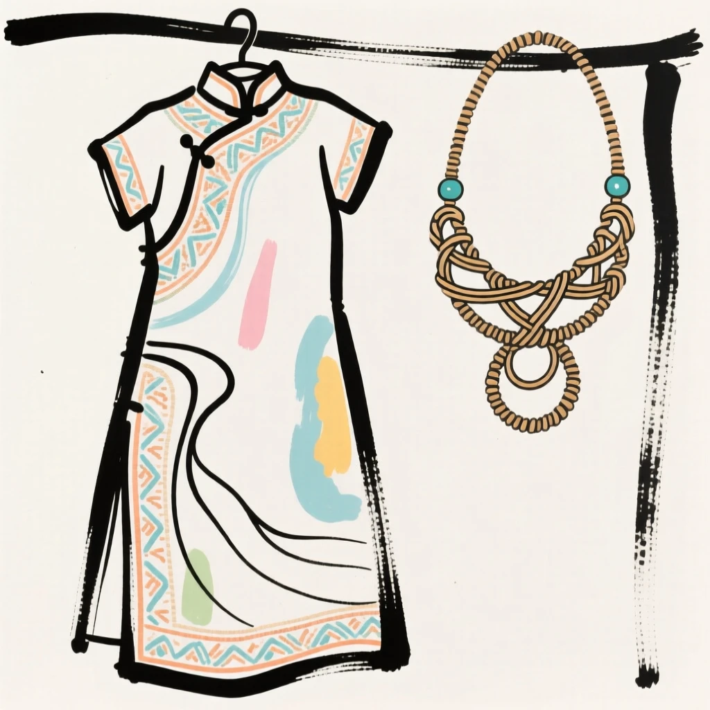A traditional embroidered dress hanging beside handwoven jewelry.