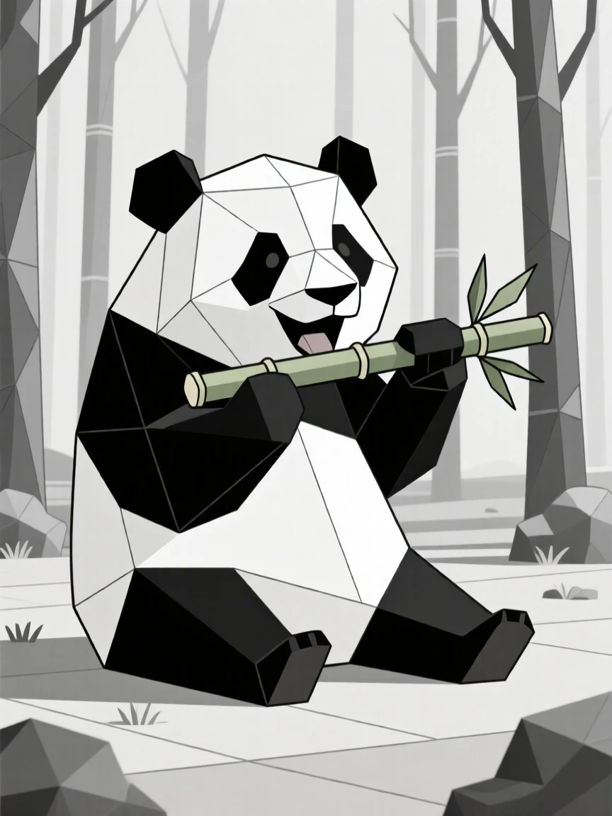 A panda munching bamboo in a forest clearing