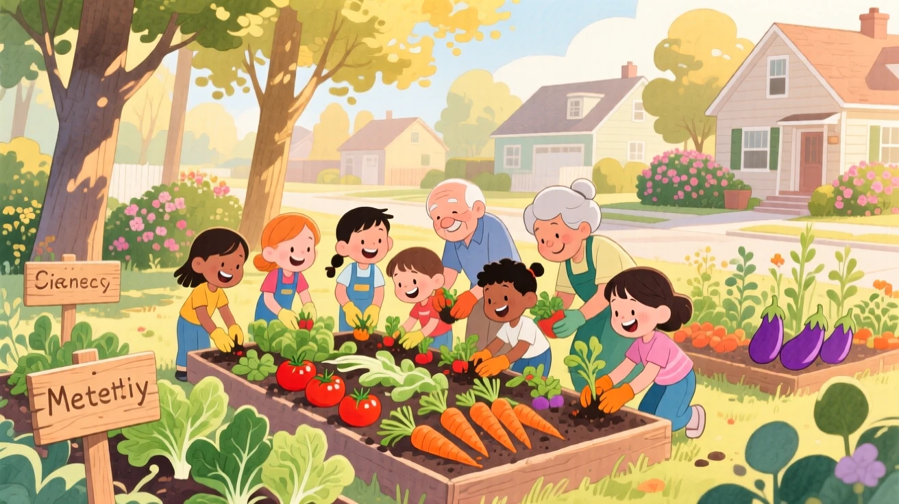 A community garden where children and elders plant vegetables side by side, surrounded by gentle, golden light, radiating kindness, hope, and heartfelt emotion.