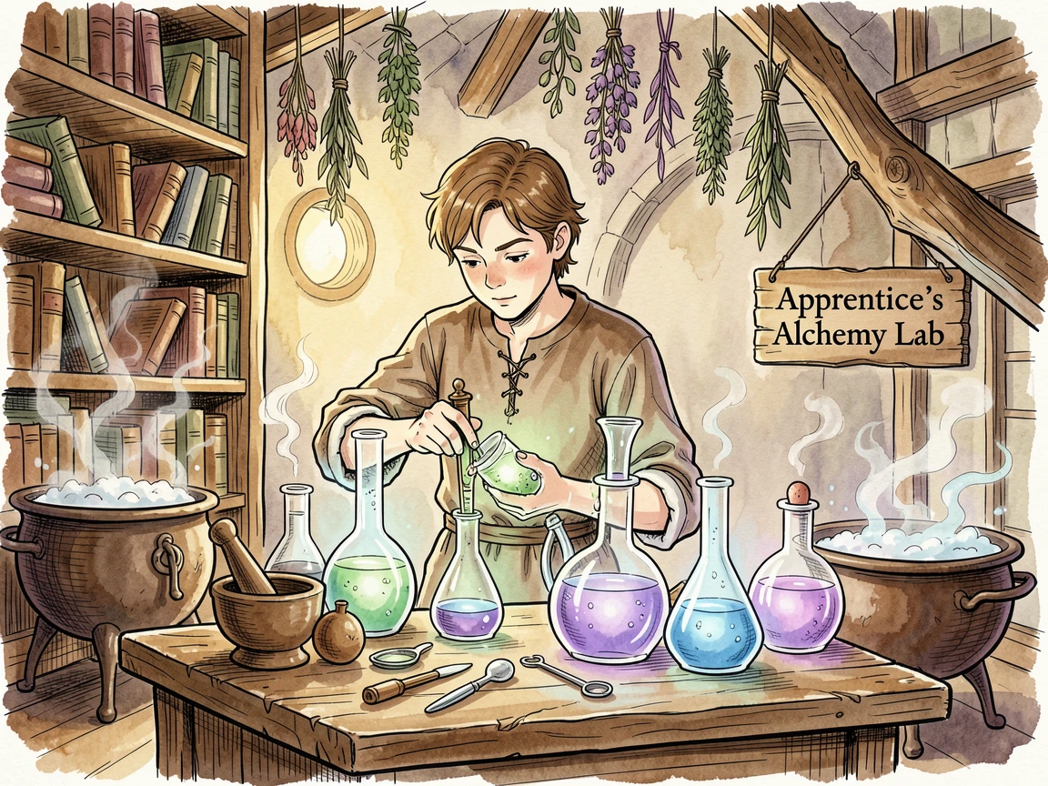 A young apprentice mixing glowing potions in a cluttered alchemy tower, an air of wonder and quiet mystery throughout.