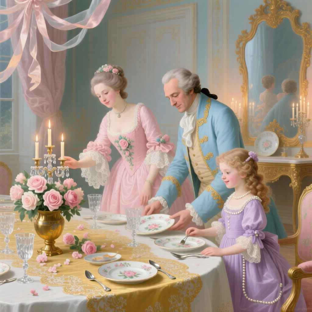 A family preparing a table for a candlelit feast  