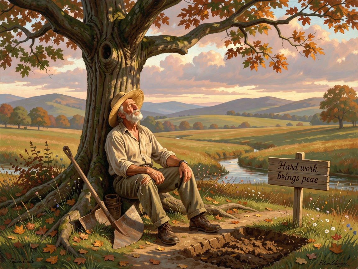 An old farmer rests beneath a tree after a long day's work.