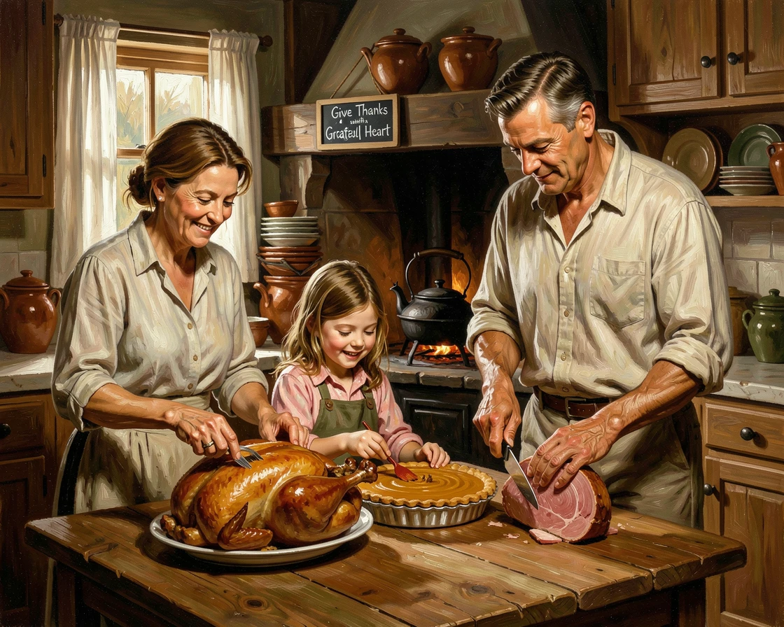 A cozy Thanksgiving kitchen filled with the warmth of family and cooking, as joyful expressions capture the spirit of the celebration, offering a joyful, memorable seasonal scene for any collection
