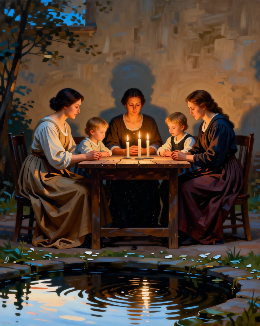 A family gathered in gratitude around a humble evening table in an instant of grace touching the ordinary world, set beside a sacred spring reflecting the morning sky, with candles flickering steadily despite an unseen breeze; quiet, uncluttered space allows the emotional core room to breathe, suggesting the enduring comfort of belief and community.