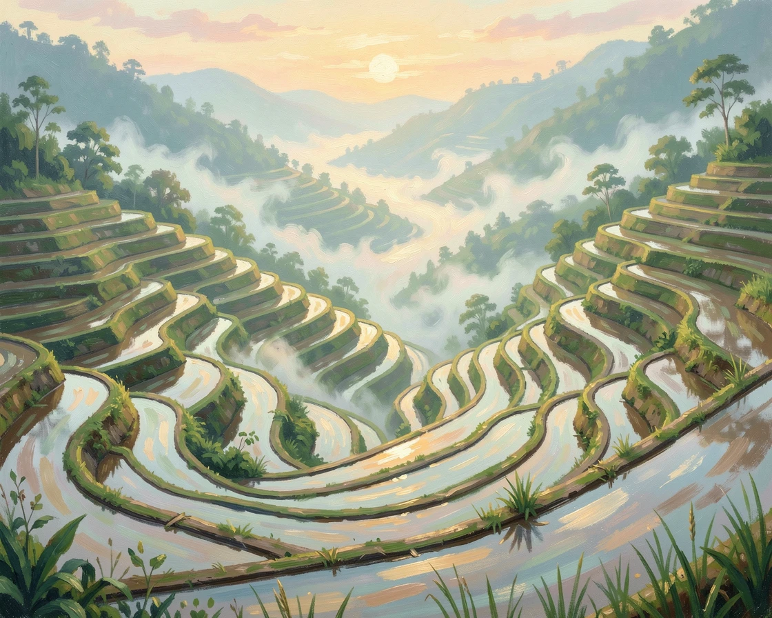 A tranquil rice terrace in the Philippines carved into steep hillsides, mist settling in the valleys below, as the first light of dawn breaks.
