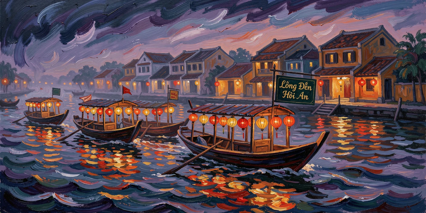 Traditional Vietnamese lantern boats drifting along the Hoi An river at dusk.