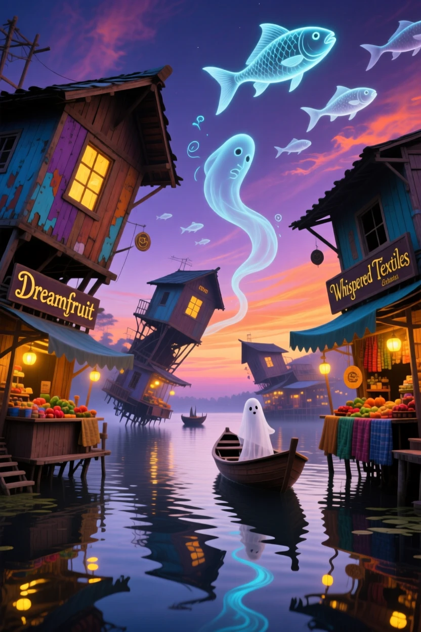 A floating market where stalls drift gently past one another tilts at an impossible angle without ever falling, as tiny lights flicker on in its windows one by one.