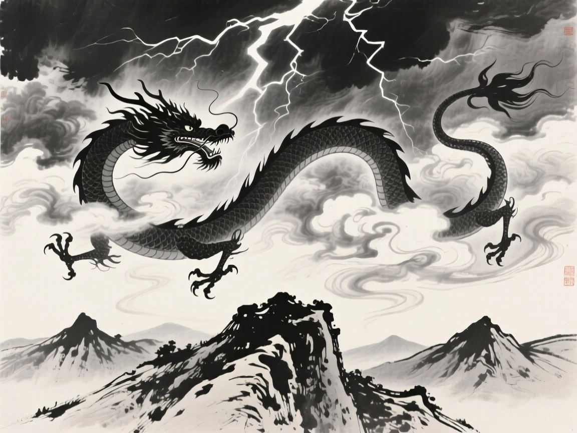 A great dragon coils among storm clouds above a mountain range, as lightning flashes across the darkened sky.