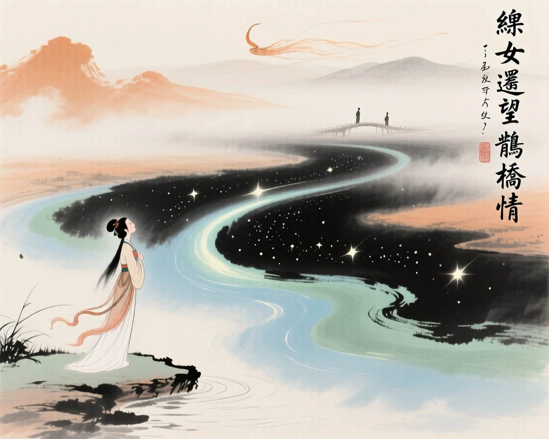 The weaver girl gazing across a river of stars toward her distant love, through swirling morning fog, in the soft light of late afternoon.