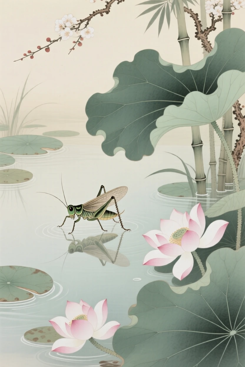 A small cricket hovering above a still garden pond