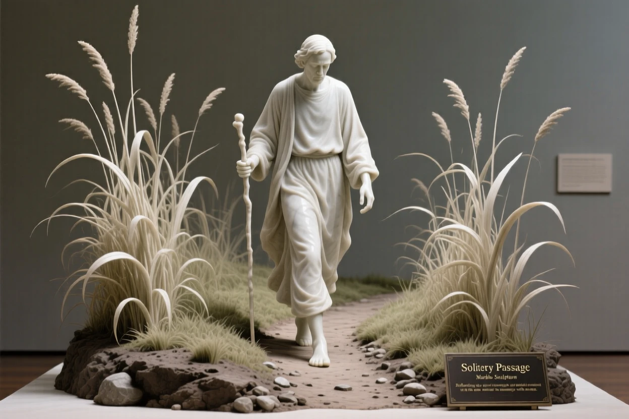 An evocative depiction of a lone wanderer walking a path through tall grass, in a moment of quiet stillness, balancing detail with emotional depth