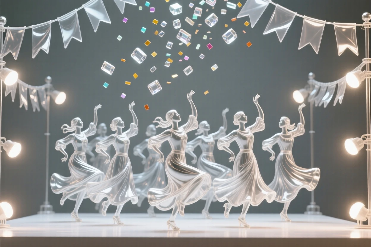 As confetti drifts through the air above the crowd, a group performing a traditional dance beneath festival banners, while the whole street seems to move together in celebration