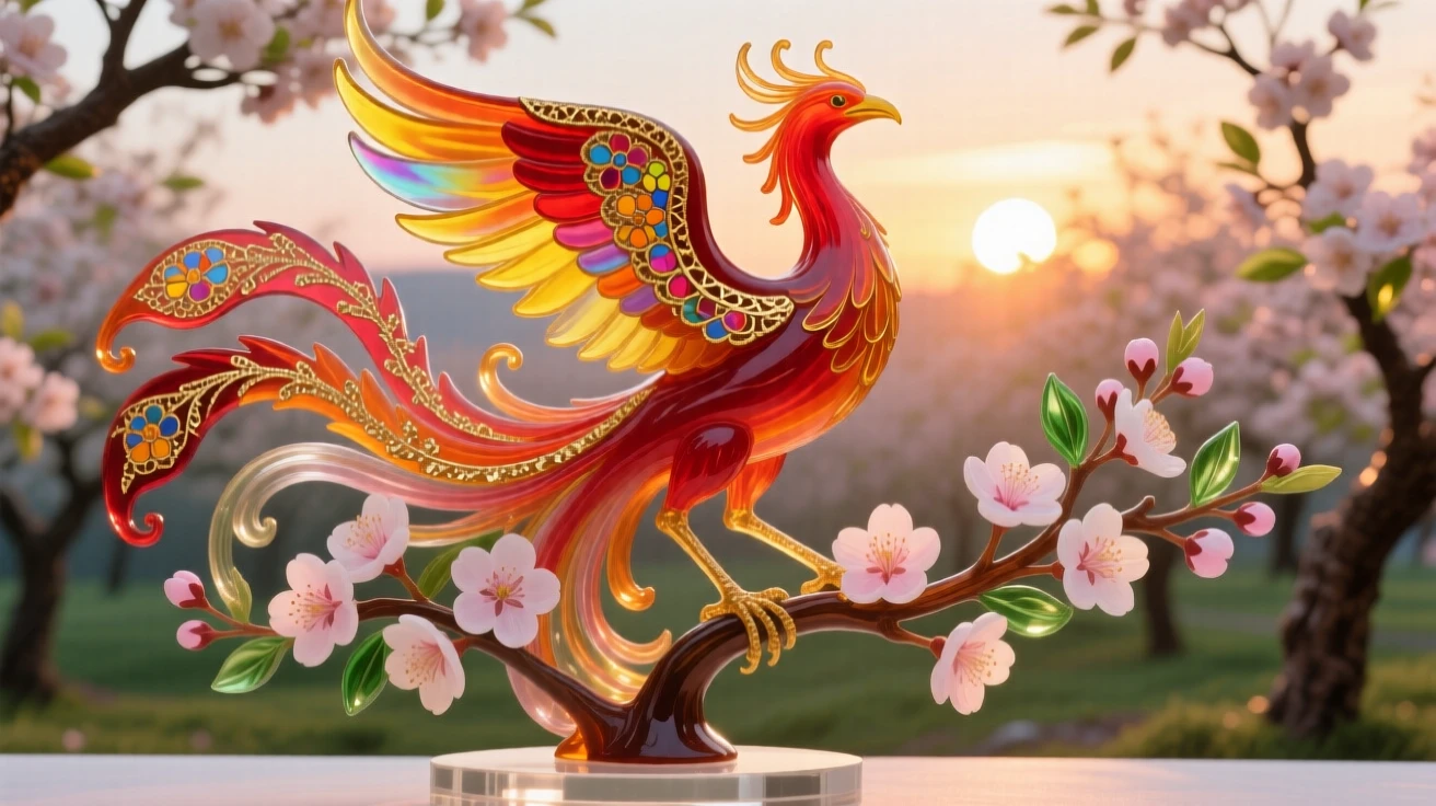 A grand phoenix rising above a blossoming cherry orchard at sunrise, transformative and radiant.