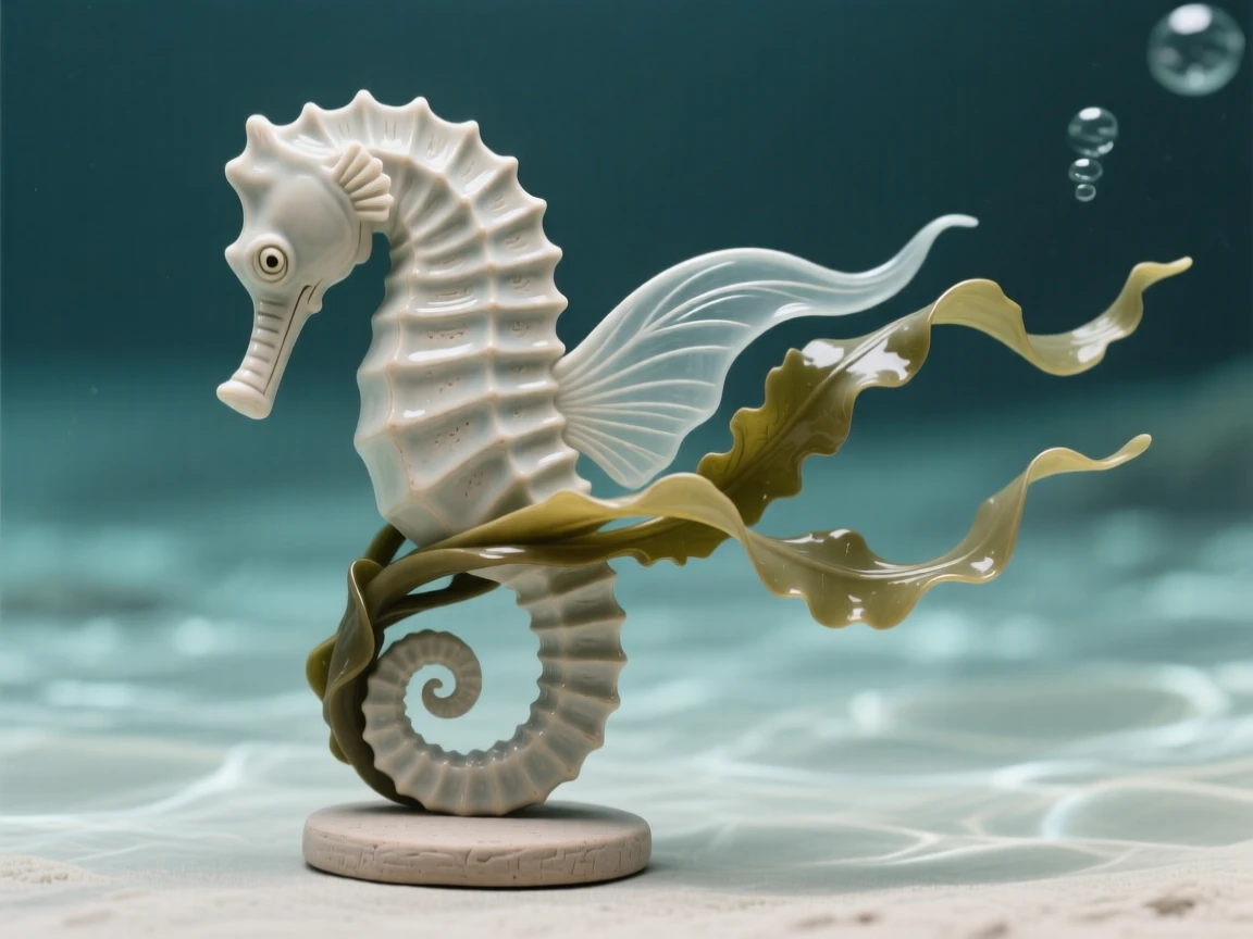 A curled seahorse clinging to a strand of kelp caught in a burst of playful motion, its fins trailing like delicate ribbons, conveying calm, fluid tranquility.