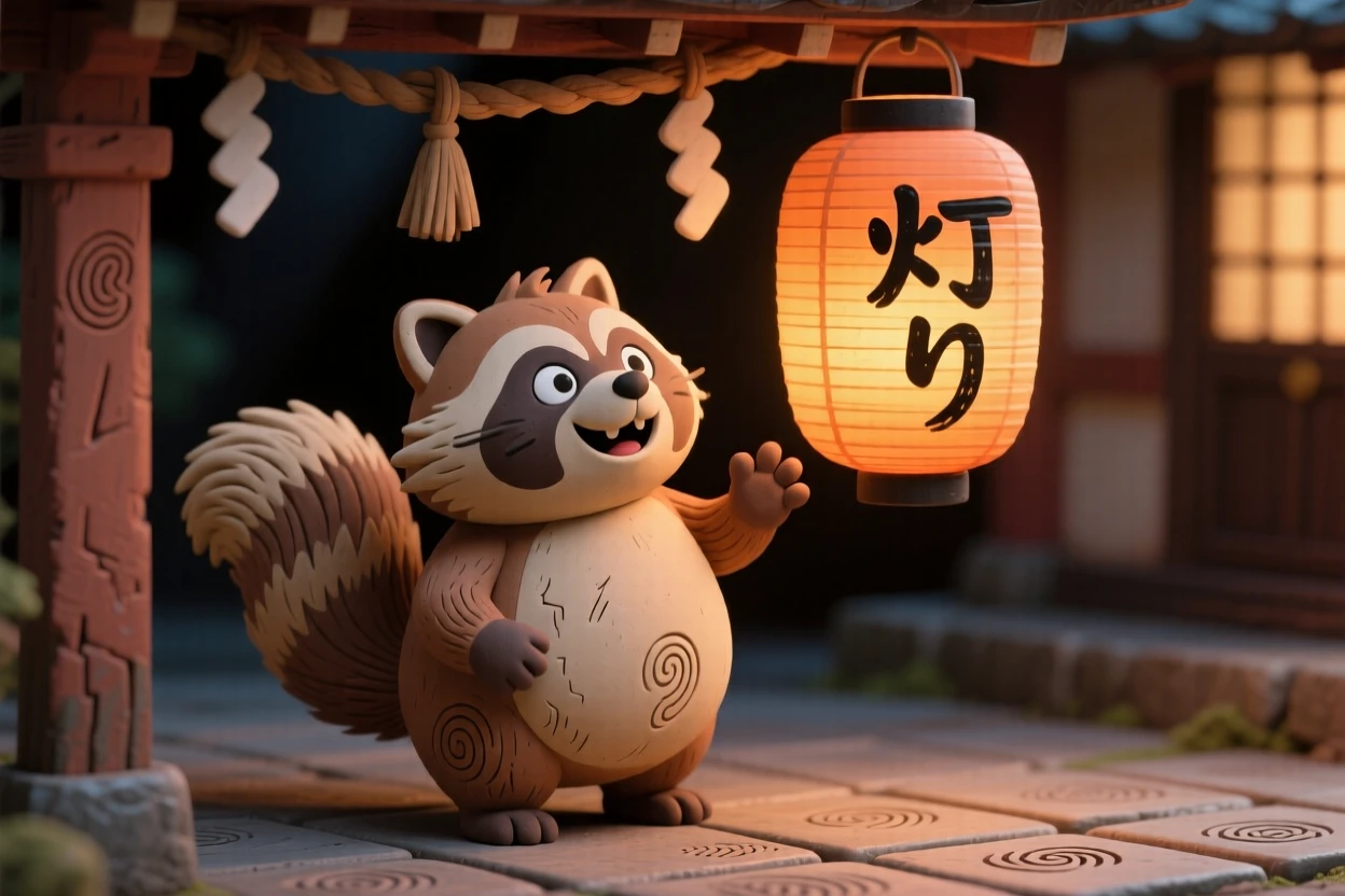 A tanuki spirit playing tricks beneath a lantern-lit temple