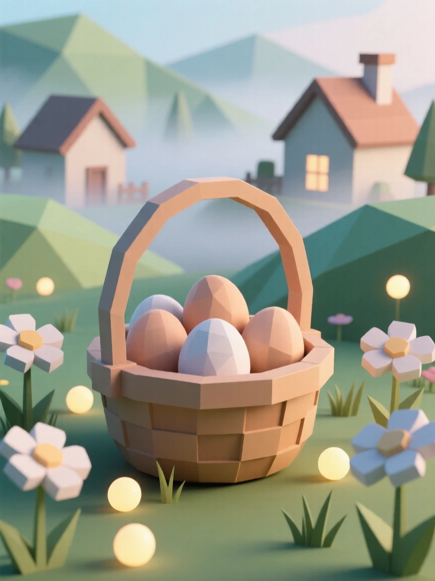 A Easter basket filled with pastel eggs in a spring garden, as morning mist clears over a festive village. warm glowing lights create a festive ambiance. It captures a moment of pure celebration.