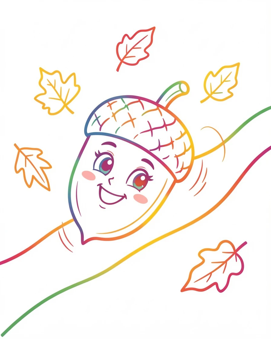 A cheerful acorn character rolling happily down an autumn hillside.