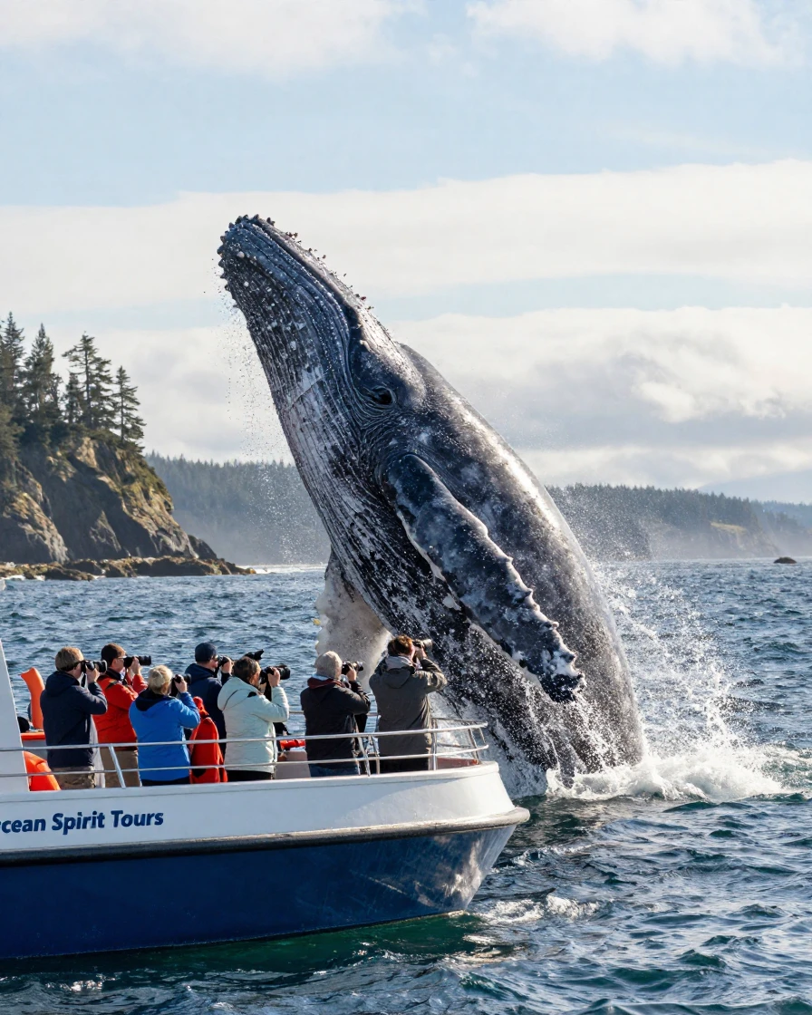 A whale watching tour spotting a breaching gray whale off the coast