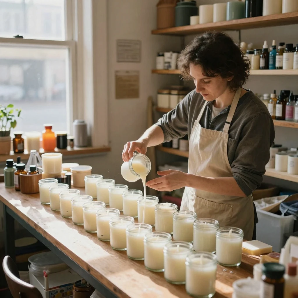 A candle maker pours melted wax into rows of glass jars in a small shop.