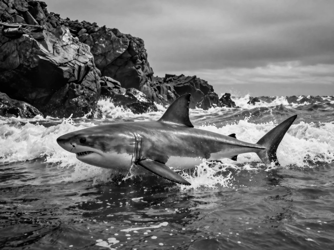 A great white shark cuts through the surf near a rocky shore off a rugged coastline.