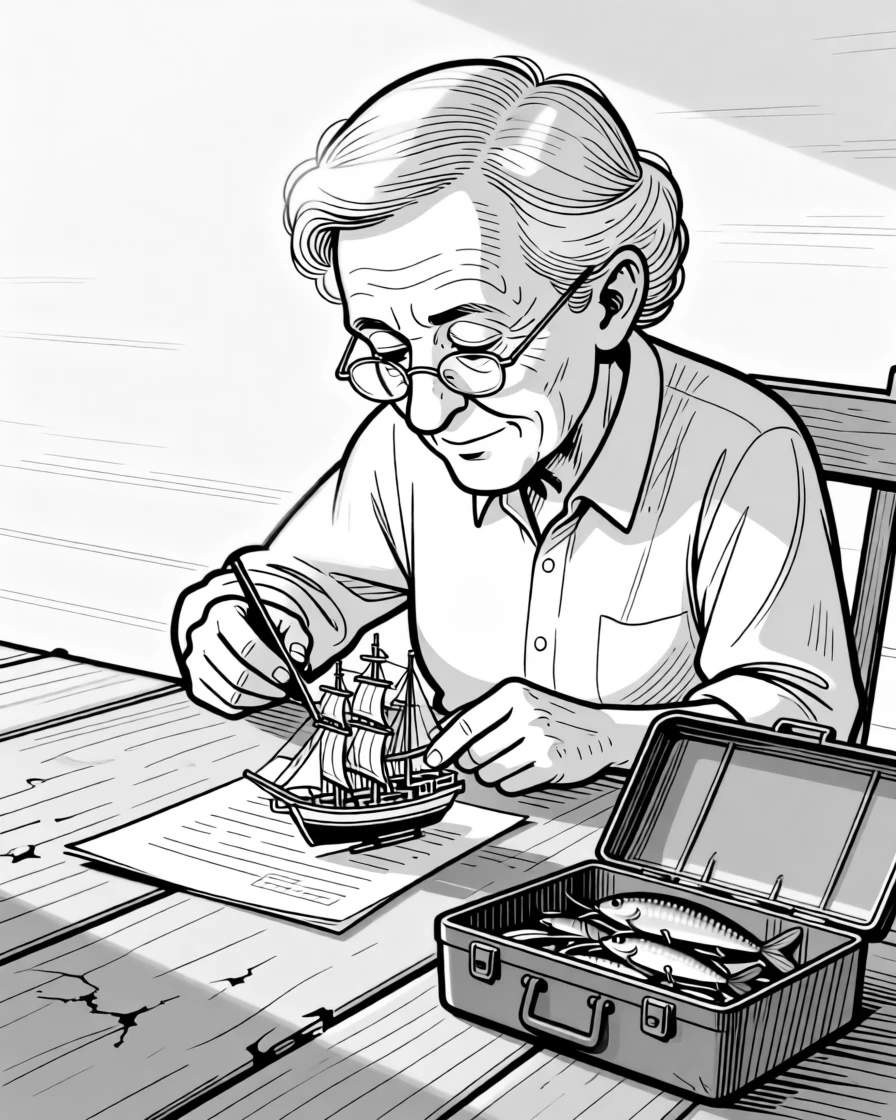 A retired teacher grading papers with tiny reading glasses, gluing one final tiny mast into place, set on a creaky porch at golden hour. A tackle box sits open, lures gleaming in the sun. There's a gentle, timeless warmth to the whole moment.