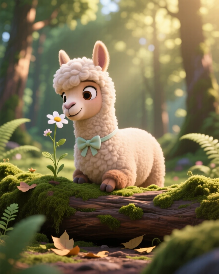 A fluffy alpaca is perched on a mossy log in a quiet forest, sniffing a single wildflower. The mood is soft, tender, and endearing, with a tiny bow tied around its neck.