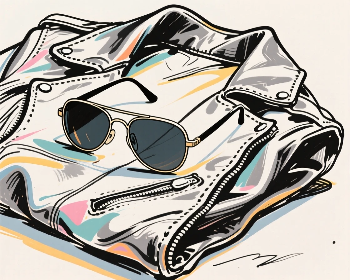 A pair of aviator sunglasses resting on a folded leather jacket.