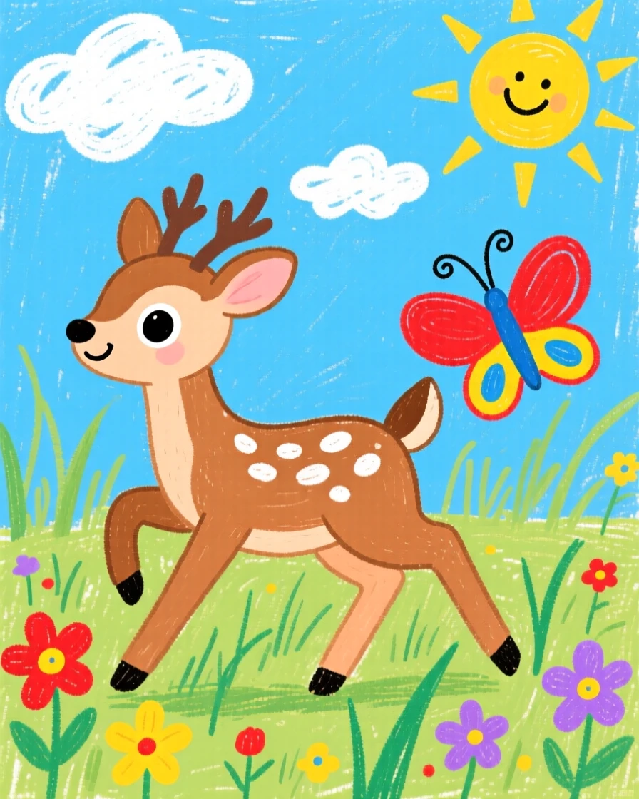 A spotted fawn chasing a butterfly across a sunny field.